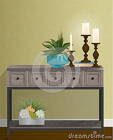 Candle Trio gold wall houseplants copy space Vector Illustration