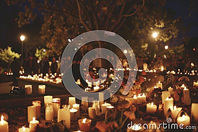 Candlelight vigil with flowers on urban street at night Stock Photo