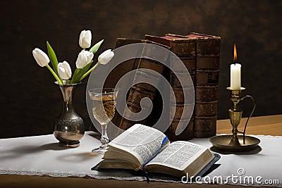 Candlelit Bible Stock Photo