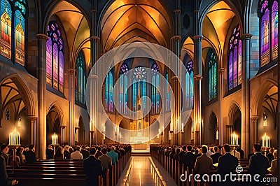 Candlelit Cathedral Interior During a Solemn Mass: Precisely Aligned Pews Filled with Devoted Attendees Stock Photo