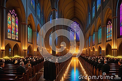 Candlelit Cathedral Interior During a Solemn Mass: Precisely Aligned Pews Filled with Devoted Attendees Stock Photo