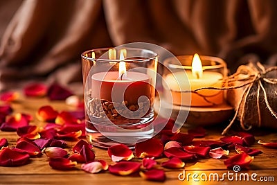 Candlelit Charm Romantic Composition with Pink Rose Petals Stock Photo