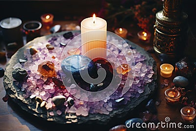 Candlelit Crystal Meditation Circle Stock Photo