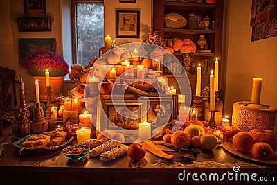 a candlelit halloween table filled with candles. Generative AI Stock Photo