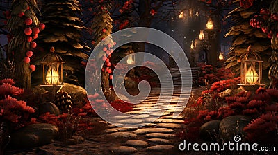 Candlelit Pathway With Pinecones And Red Berries Stock Photo