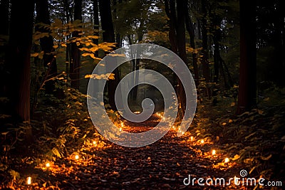 A candlelit pathway through the woods Stock Photo