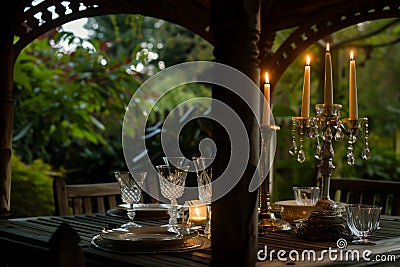 candlelit table with crystal glassware in a garden gazebo Stock Photo