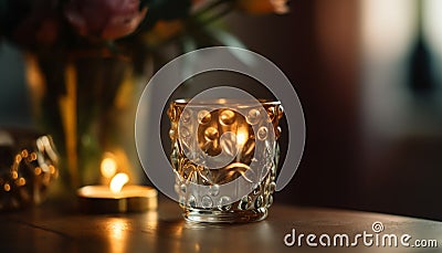 Candlelit wedding celebration elegant decor, wineglass centerpiece, romantic atmosphere generated by AI Stock Photo