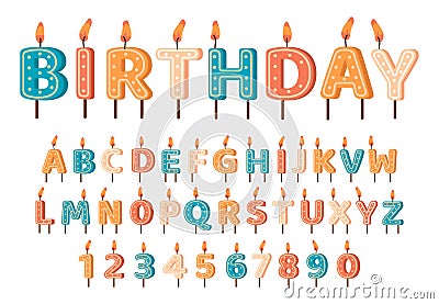 Candles birthday alphabet. Birthday candles ABC letters and numbers, cute alphabet for birthday cake. Birthday candles Vector Illustration