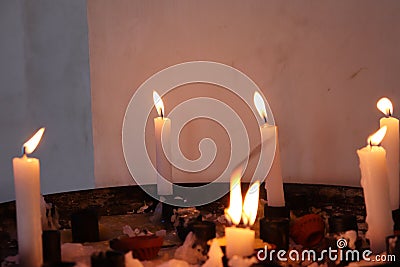 Candles burning inside Immaculate Conception Cathedral in Puducherry, Indian Church Stock Photo