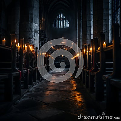 candles in a dark church with rows of pews Stock Photo