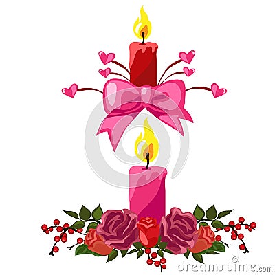 Candles decorated with buds of roses and berries Vector Illustration