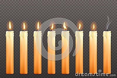 Candles with different fire flames and wax drips Vector Illustration