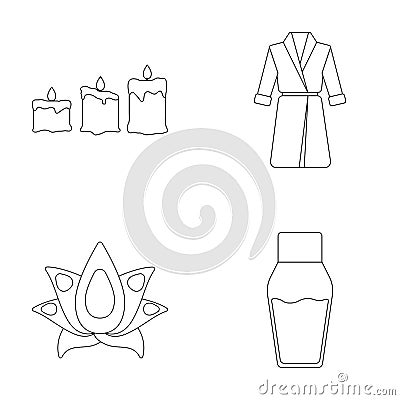 candles with a flame, a robe with a belt, a lotus flower with petals, a bottle of cream. Spa set Vector Illustration