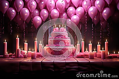 Candles illuminate a birthday backdrop, highlighting pink letters joyfully Stock Photo