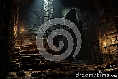 Candles illuminate the stairs leading to the exit from the dungeon Stock Photo