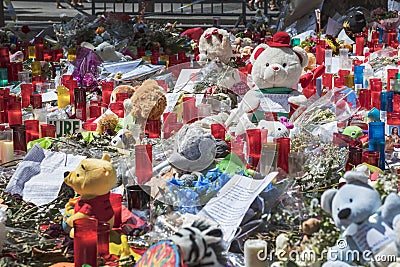 Candles, letters, flowers for the victims a few days after the terror act at Las Ramblas, 17th August 2017 , Barcelona Editorial Stock Photo