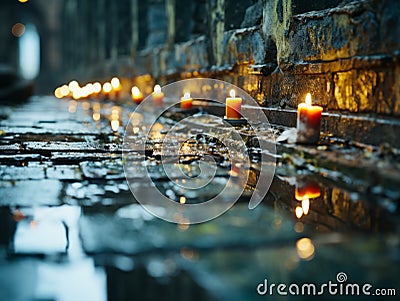 candles are lit on a street in the rain Stock Photo