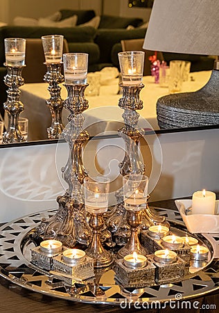 Candles lit to celebrate the Jewish Sabbath on Friday night, erev Shabbat, according to tradition. Stock Photo