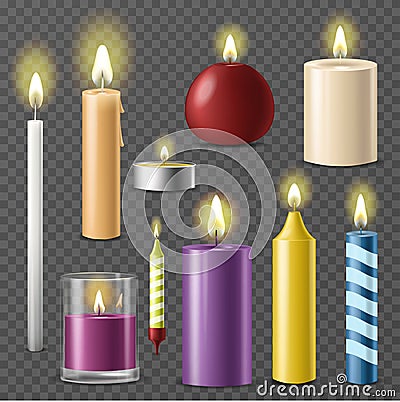 Candles realistic 3d set wax candle fire flame light beeswax taper on transparent background vector Vector Illustration