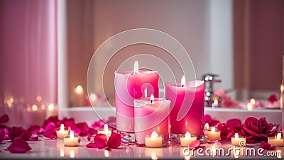 Candles and roses modern romance background petals the bathroom luxury burning aroma skin care aromatherapy Stock Photo