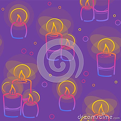 Candles seamless pattern in color line on purple background. Hanukkah symbol in Decorative vector. Textile design Vector Illustration