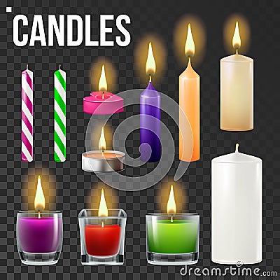 Candles Set Vector. Different Types Of Paraffin, Wax Burning Candles. Classic, Glass Jar, For Cake. Party Candle Light Vector Illustration