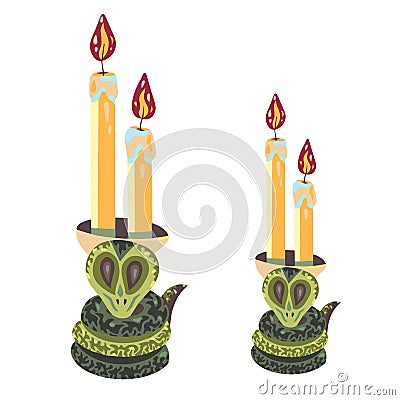 Candles with snakes. Witch`s items. Witchcraft. Halloween. Cobra snake. Flat style isolated on white background. Vector Vector Illustration