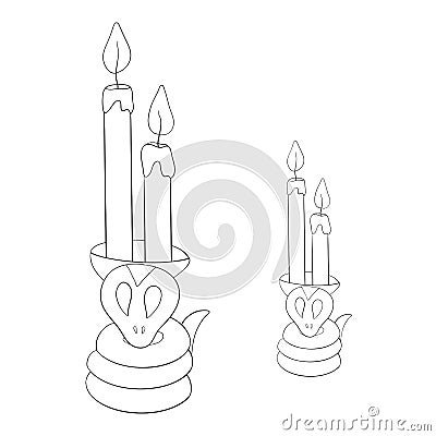 Candles with snakes. Witch`s items. Witchcraft. Halloween. Cobra snake. Line style isolated on white background. Vector Vector Illustration