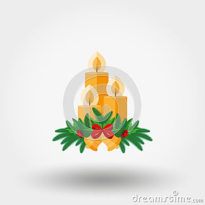Candles, spruce twigs, holly berries and bells with a red bow. Christmas decoration Cartoon Illustration