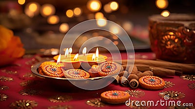 candles surrounded by colored lights and spices, in the style of indian motifs, dark orange and light brown, ornate detailing Stock Photo