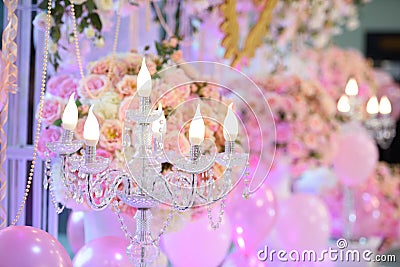 The candlesicks and balloon decorate in backdrop wedding Stock Photo