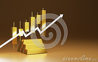 Candlestick chart graphs and gold bars buying and selling gold bullion upward arrow graphs Cartoon Illustration