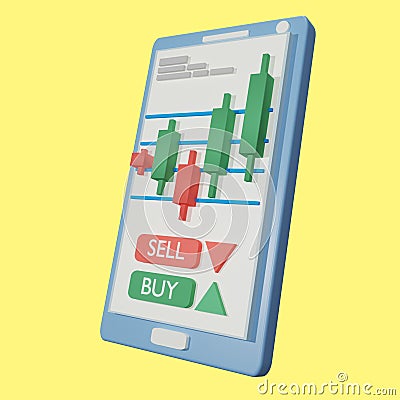 candlestick chart of stock sale and buy using mobile phones, market investment trading, 3D Rendered, Isolated on yellow background Stock Photo