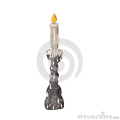 Candlestick with wax burning candle isolated on white background. Hand drawing. Magic equipment. Halloween concept. Witchcraft Stock Photo