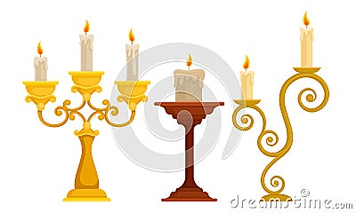 Candlesticks with Burning Candles Vector Set. Vintage Candle Holders and Candelabrums Vector Illustration