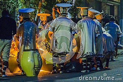 Candombe drummers tempering drums, montevideo, carnival Editorial Stock Photo