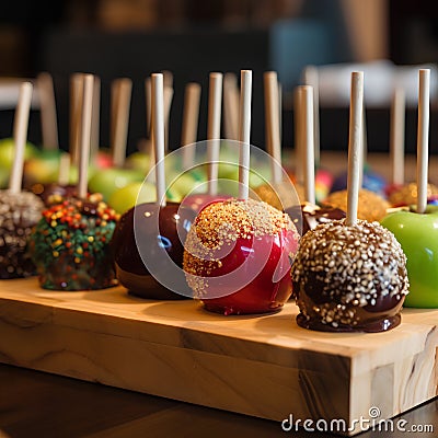 Candy apples with chocolate, caramel and sprinkles on wooden background Stock Photo