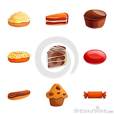 Candy bakery icon set, cartoon style Vector Illustration