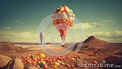 Colorful Balloon Explosion Replaces Nuclear Blast in Dramatic Scene Stock Photo