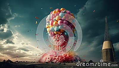 Colorful Balloon Explosion Replaces Nuclear Blast in Dramatic Scene Stock Photo