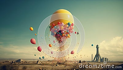 Colorful Balloon Explosion Replaces Nuclear Blast in Dramatic Scene Stock Photo