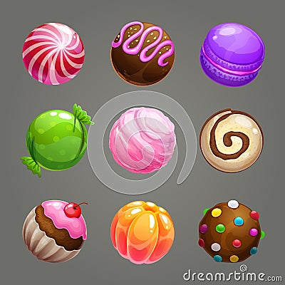 Candy balls set. Round sweet assets for game design. Vector Illustration