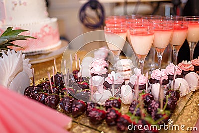 candy bar with cupcakes, macarons, coctail glasses and strawberries in chocolate glaze. Unfocused pink cake Stock Photo