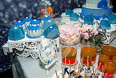 Candy bar and desserts for children`s birthday party: blue and white cakes, pink marshmallows, macarons. Stock Photo