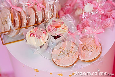 candy bar for the girl's birthday party. pink decor. Stock Photo