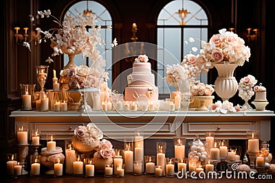 Candy bar at a wedding. Sweet table with wedding cake and different desserts Stock Photo