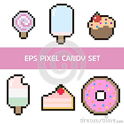 Candy cake and ice cream pixel set. Cartoon Illustration