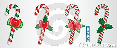 Set of realistic candy cane christmas isolated or crossed sweet candy tied with a bow or sweet traditional gift christmas holiday Stock Photo