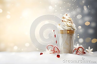 Candy cane latte in the snow Christmas theme Stock Photo